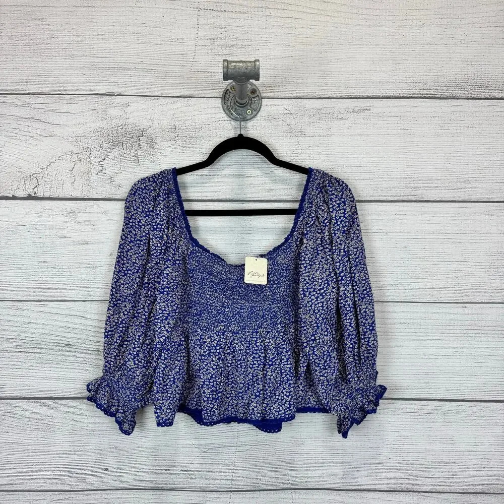 Free People Women's Blue Brittnee Print Smocked Back Peplum Top Size Small